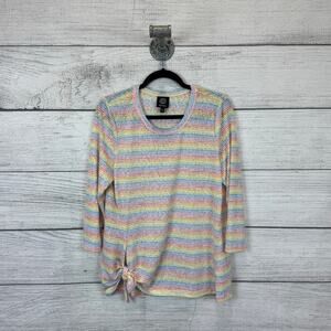 Bobeau Women's Rainbow Striped 3/4 Sleeve Tie Side Top Size Medium
